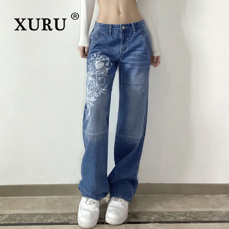 XURU-Jeans larghi stampati alla moda per donna, Casual, K5-6660, nuovi