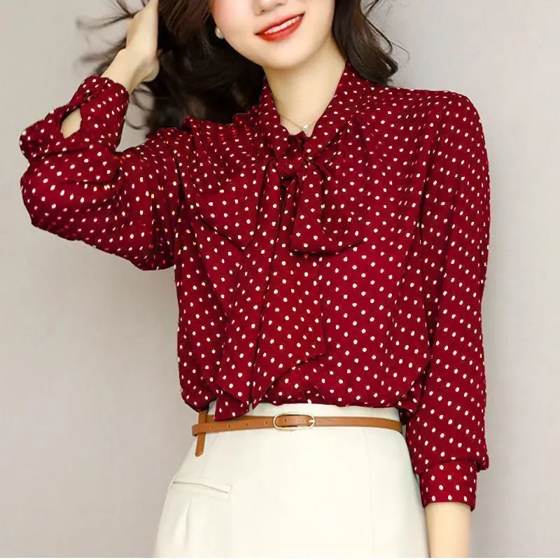 Spring Autumn New Temperament Bow Lacing Shirt Tops Long Sleeve Loose Polka Dot Printing Blouse Elegant Fashion Women Clothing