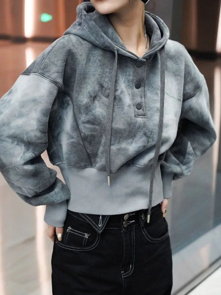 Female Top Cropped Cold Loose Baggy Thick Women\'s Hooded Sweatshirts Grey Autumn and Winter Warm Hoodies Novelty Xxl E Aesthetic