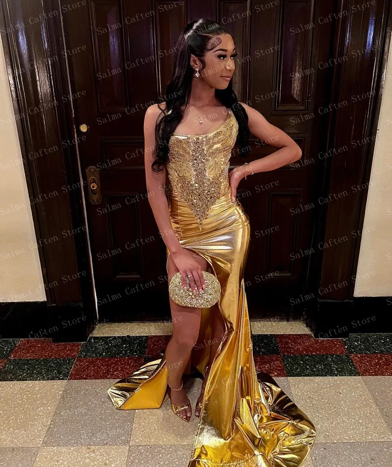 One Shoulder Golden Appliques Satin Dress With Slit Floor Length Elegang Mermaid Dresses Custom Made Women Clothing Free Shippin