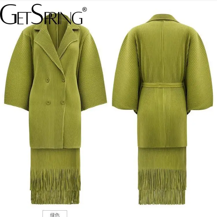 GetSpring Women Skirt Sets 2025 Spring Autumn Fashion New Suit Collar Thickened Jacket Pleated Tassel Long Skirt Two Pieces Sets