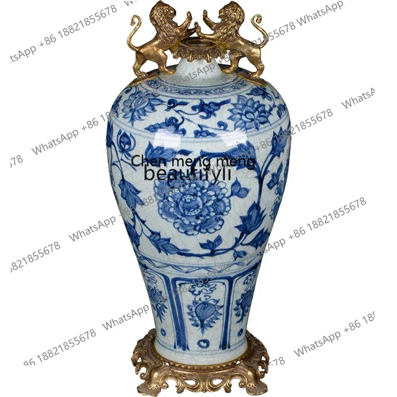 

xxqInlaid Porcelain Blue and White Interlock Branch Lotus Pattern with Copper Lion Jingdezhen Porcelain Chinese Vase Decoration