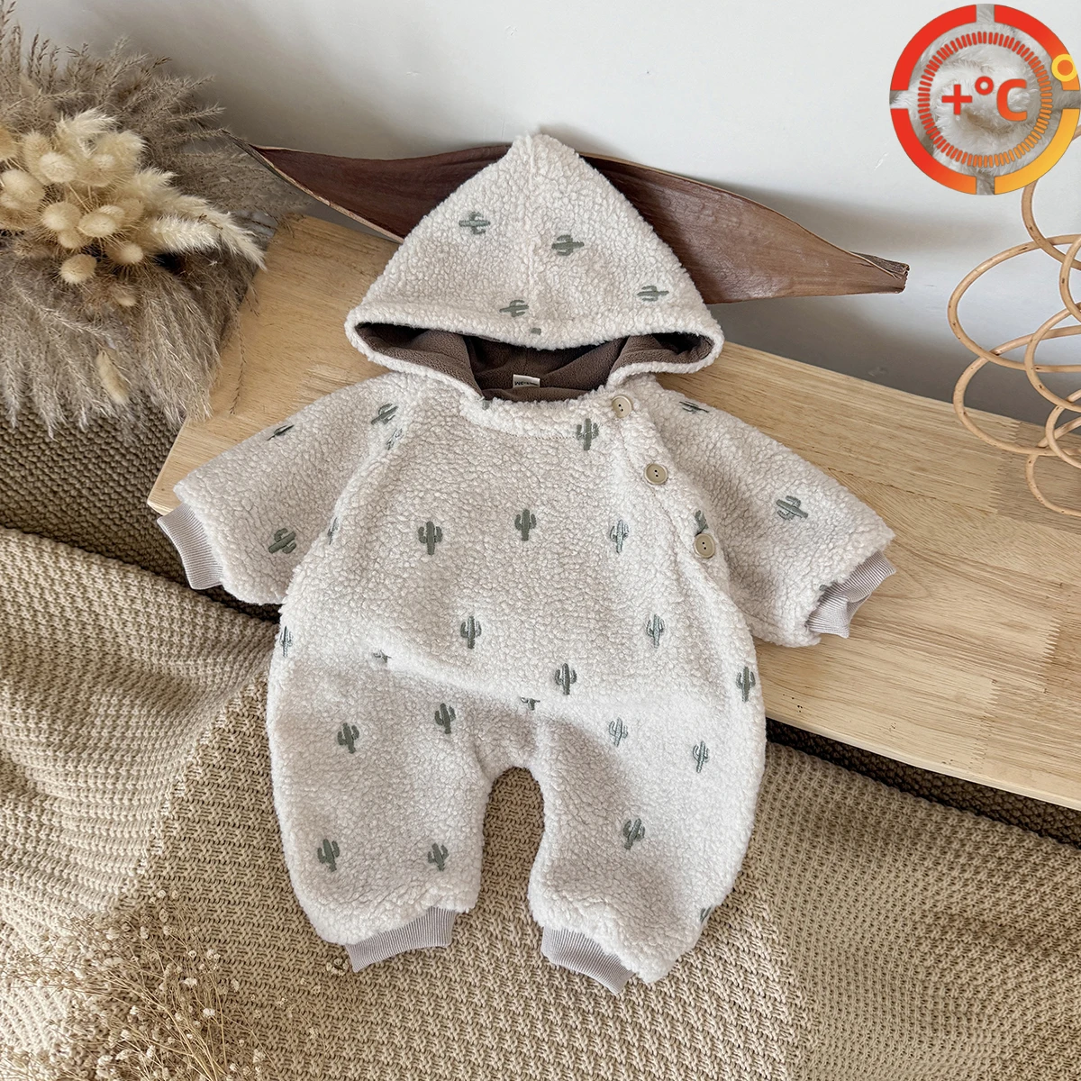 

Plush Cactus Embroidery Hooded Baby Jumpsuit Winter Newborn Baby Girl Boy Long Sleeved Crawling Suit Thickened