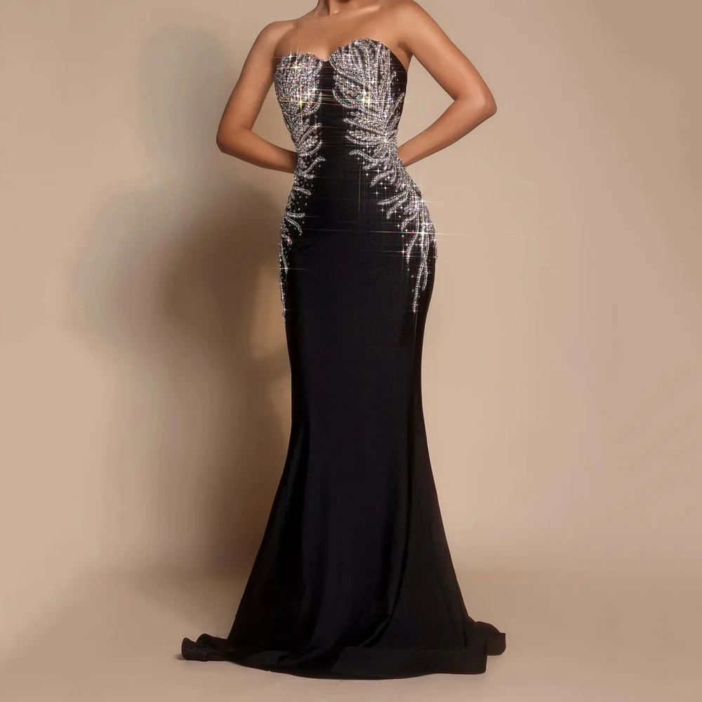 

Customized Mermaid Evening Dresses Floor-length Strapless Sleeveless Prom Gown Fashion Crystal Simple Draped Backless Party Gown