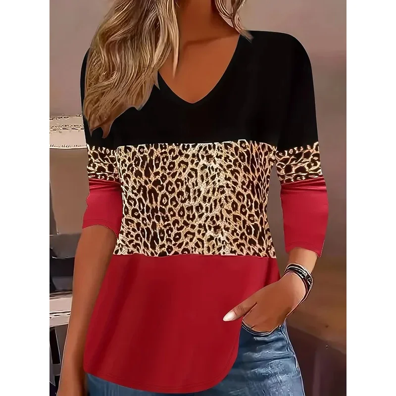 

Women's T-Shirt Graphic Leopard Color Block Elegant Fashion Tee Long Sleeve T-shirts V-Neck Regular Tops Pullover Fall Winter