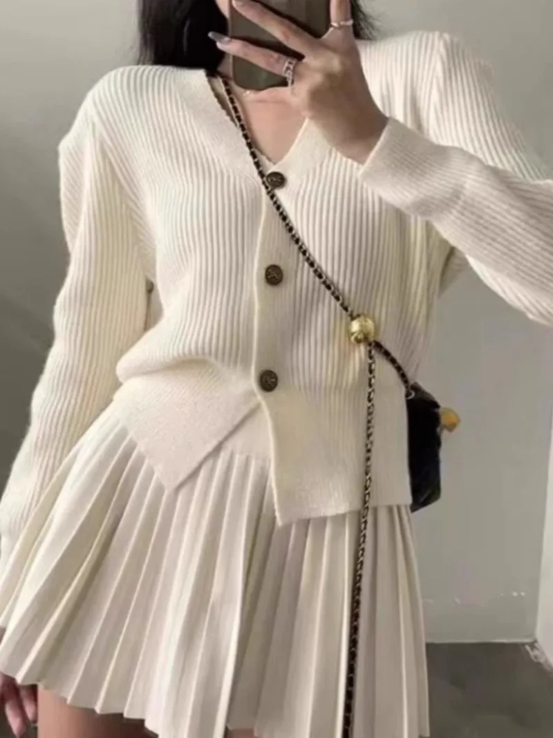

V Neck Cropped Cardigan Tops Vestidos A Line High Sexy Pleated Skirts Knitted 2 Piece Sets Womens Outfits Jacket Korean Sweaters