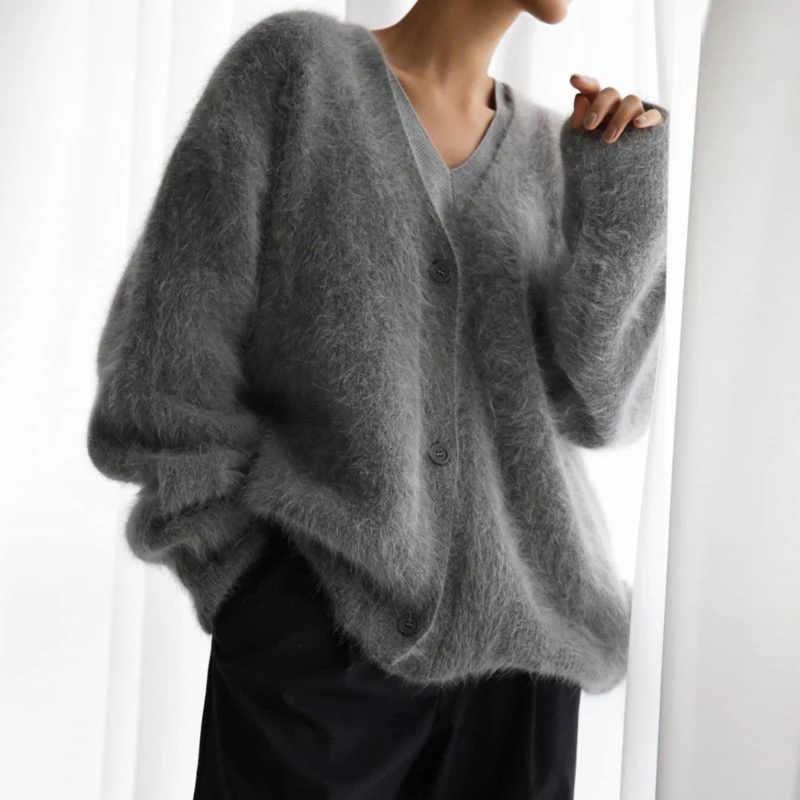 FADDISH New Women Fashion Faux Mink Hair Loose V Neck Cardigan Sweaters Female 2024 Antumn Winter Casual Solid Button Coats