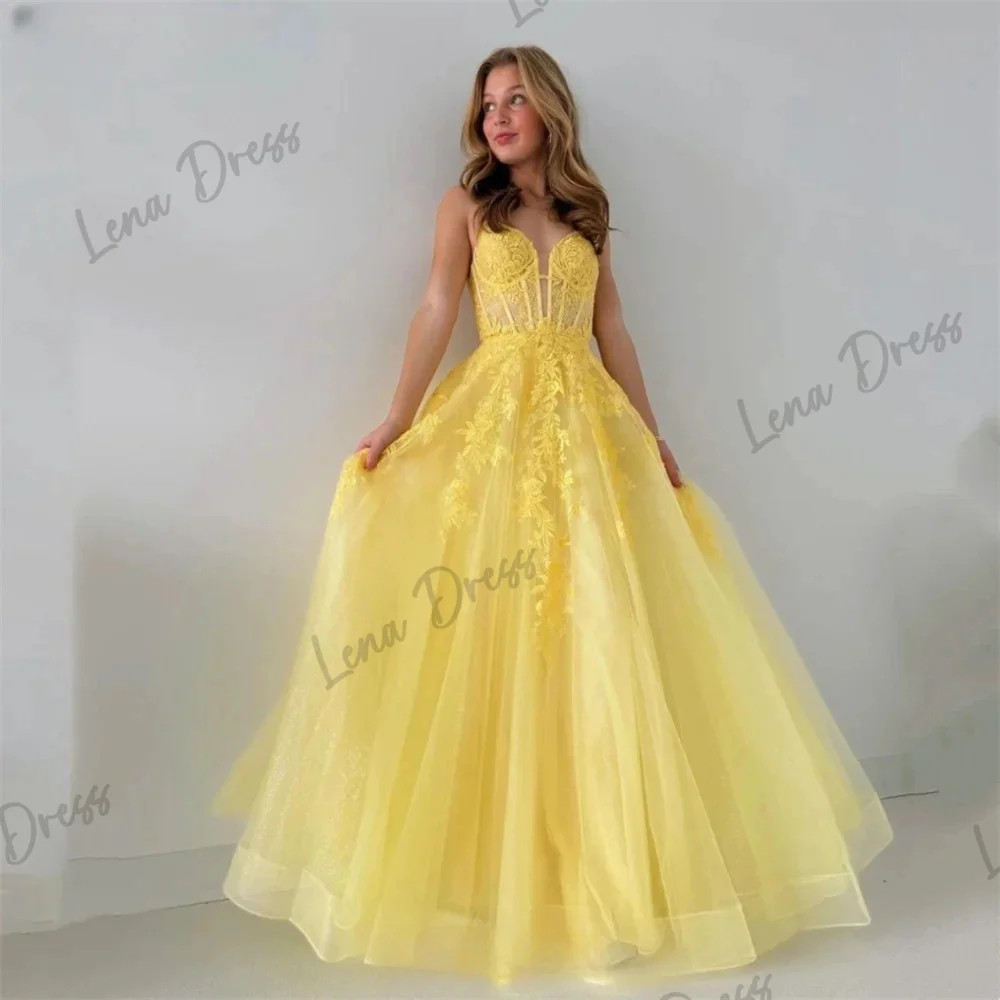 

Lena-Yellow lace decal ball dress, sheer A-line evening dress, elegant fluffy sleeves, thin shoulder straps, formal banquet