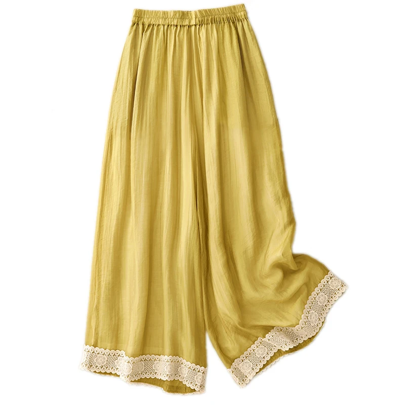 여름 신상 중국 전통 스타일 실크 캐주얼 루즈 레트로 슬림 와이드 레그 레이스 롱 팬츠 단색 다리 길이 연장