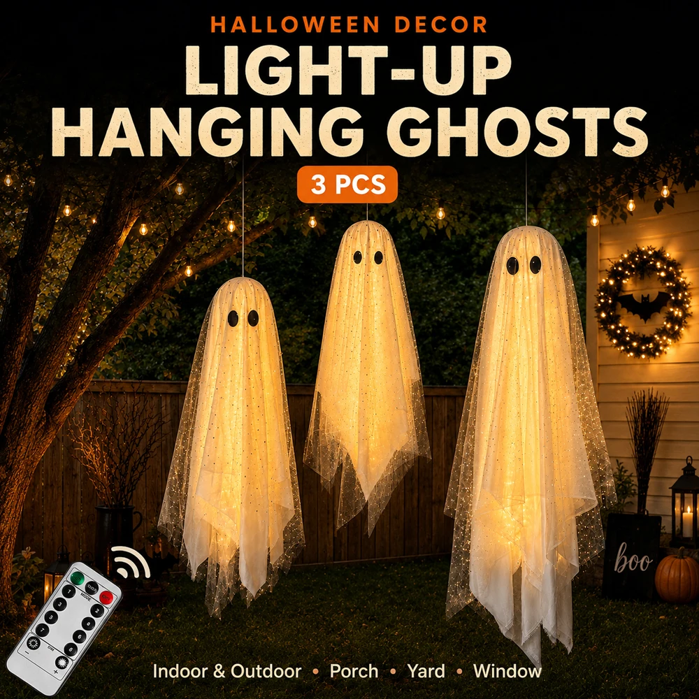 Halloween Decorations outdoor/indoor-3pcs Hanging Ghost Decor with Light,Halloween Ornaments,Hallowee n Decor for Porch,Tree