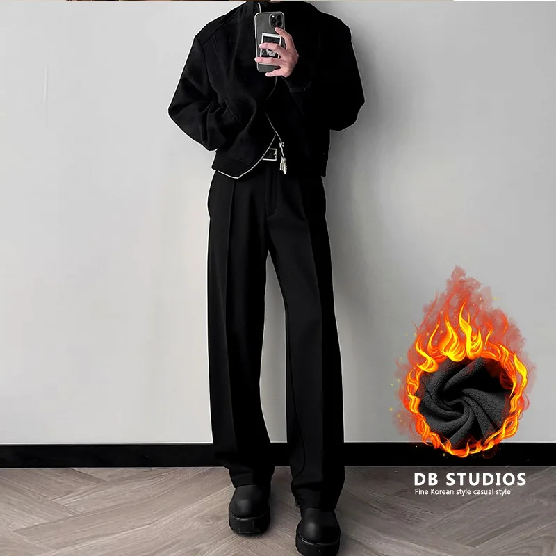 

plus Size Men's Autumn Winter Straight Leg Casual Bla Suit Pants Thiened Fce Loose Fit Wide Leg Trousers