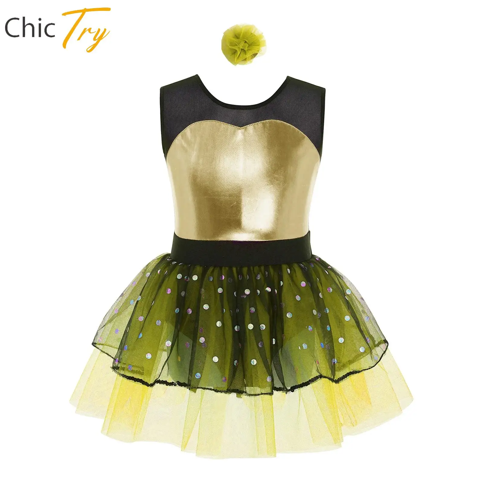 

2Pcs Girls Gymnastics Ballet Dance Outfit Party Performance Costume Sleeveless Sheer Mesh Bodice Tulle Tutu Dress+Headwear Set