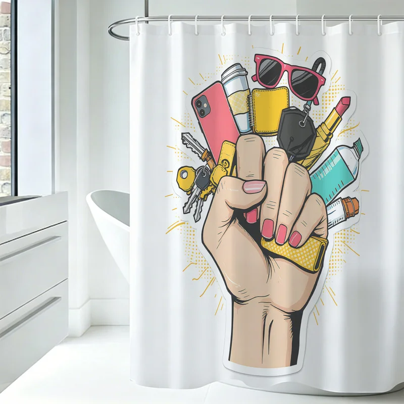 Retro Urban Carry Essentials Shower Curtain Hand Holding Print Bath Curtain With Hooks Waterproof Bathroom Decor Girl Grip Gift