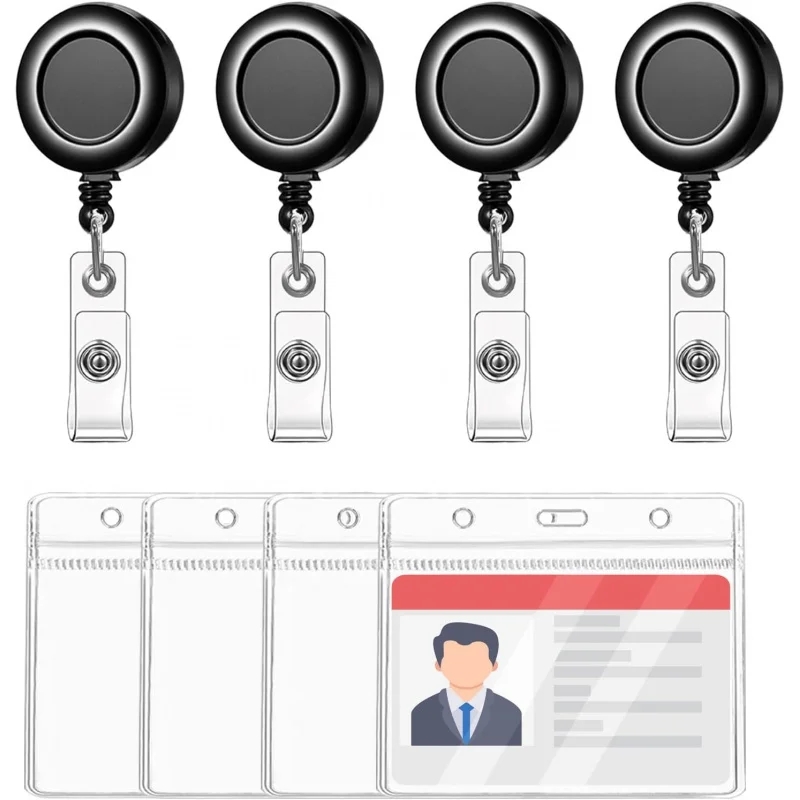 

4 Pcs Badge Holder Horizontal, Clear Plastic Badge Holder with Reel Clip, Soft Plastic Retractable Name Tag Holders