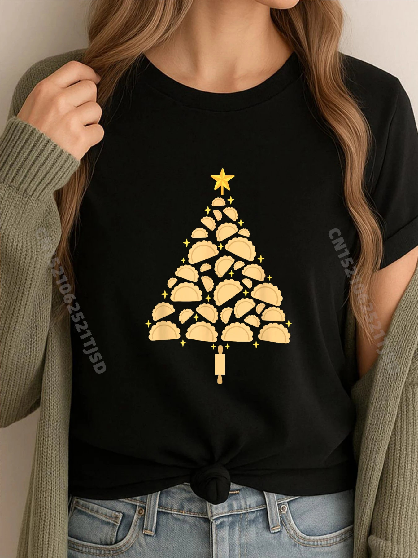 

Pierogi Christmas Tree Cute Polish Xmas Food Oversized T Shirt Woman Short Sleeve Tee T Shirt for Woman Illustration