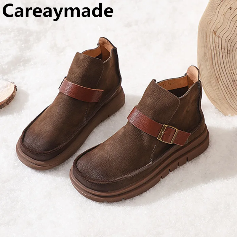 Careaymed-buty damskie z prawdziwej skóry, nowe jesienno-zimowe krótkie buty z retro szerokie palcami wierzchnia warstwa skóry bydlęcej Chelsea