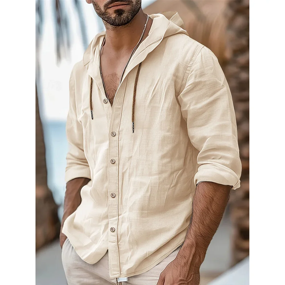 Spring Autumn Men's Hooded Shirt Single Breasted Solid Color Beach Style Long Sleeve Tops Breathable Cotton Shirts