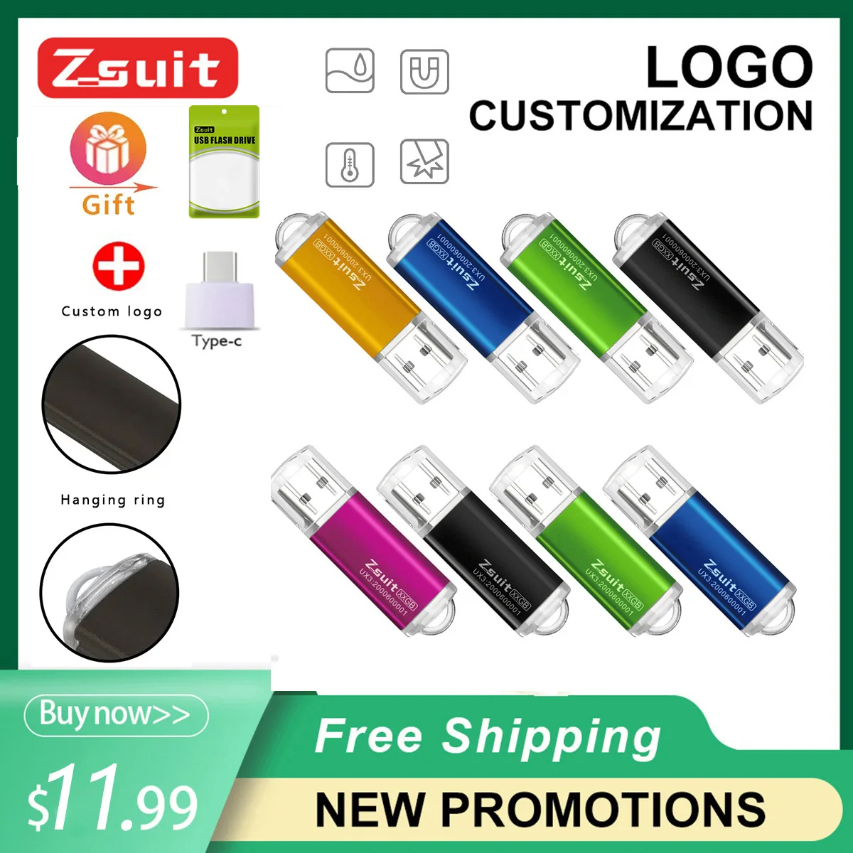 Zsuit-防水USBフラッシュドライブ,2GB, 4GB, 8GB, 16GB, 32GB, 64GB, 10個