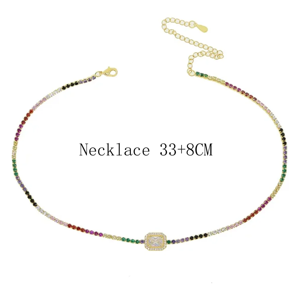 2mm Micro Pave cubic zirconia tennis chain rectangular multi-color CZ necklace for women's collarbone necklace banquet jewelry
