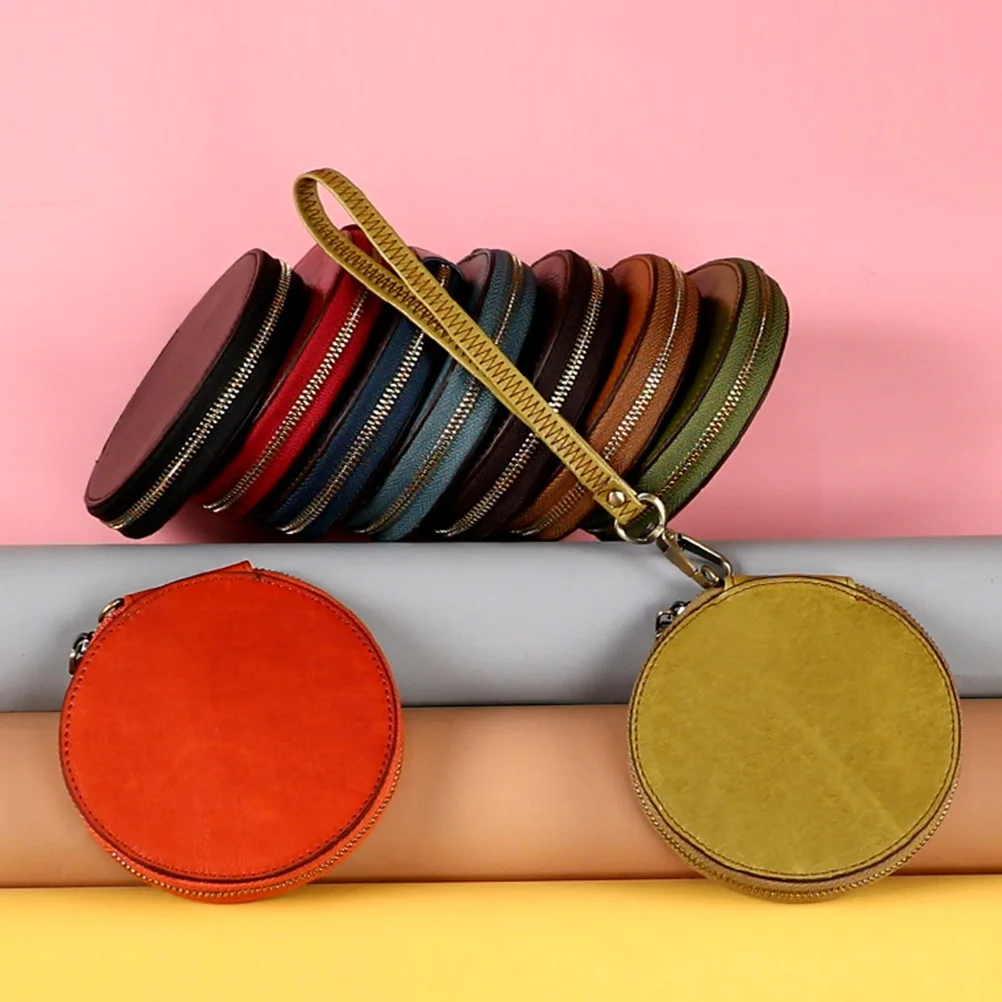 محفظة نقود معدنية من جلد البقر الأصلي، محفظة مستديرة عتيقة لتغيير الأموال الصغيرة، حقيبة صغيرة خضراء مع حبل قصير