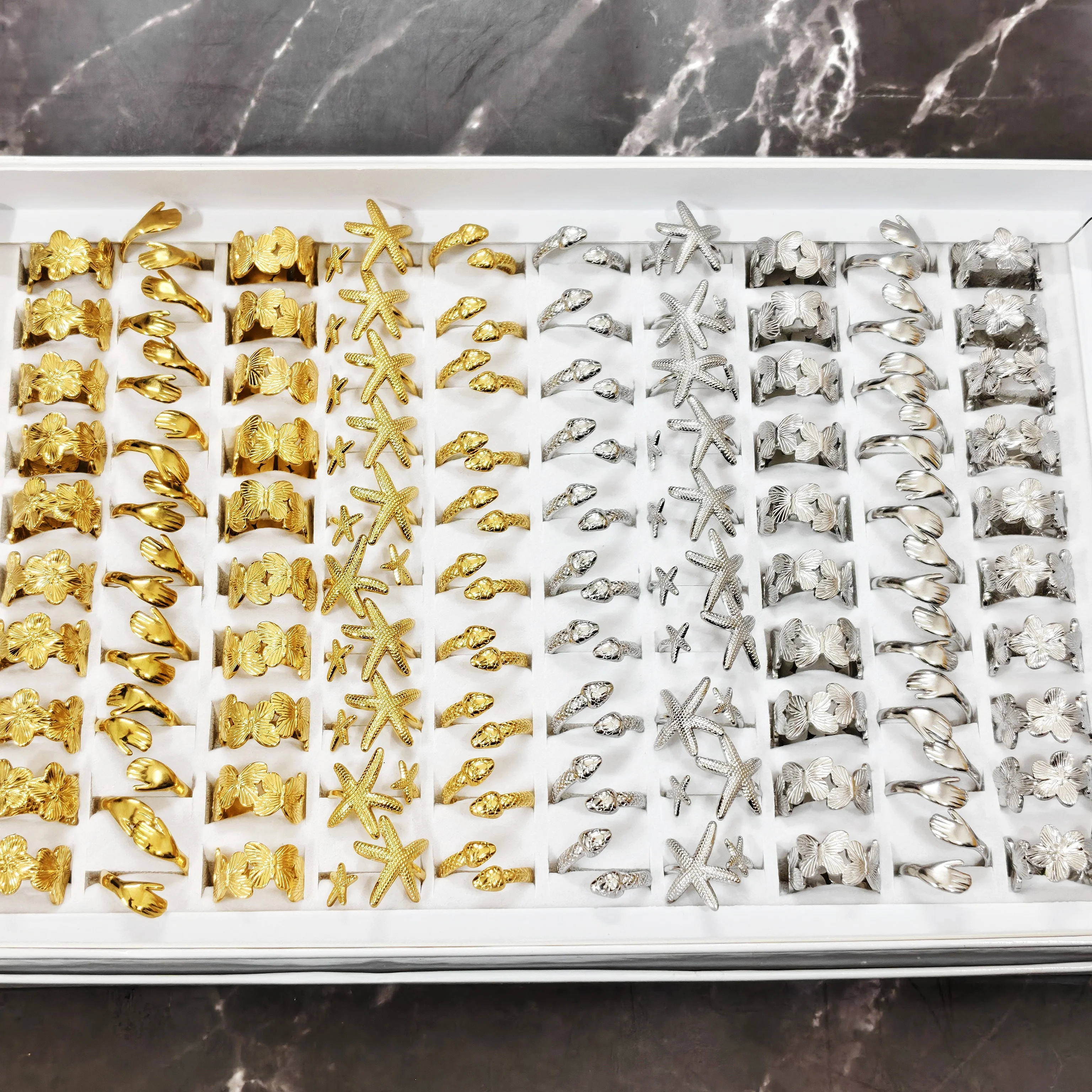 

50pcs Stainless Steel Open-Back Rings Animal Floral Style Women's Jewelry Wholesale Gold and Silver Holiday Gifts