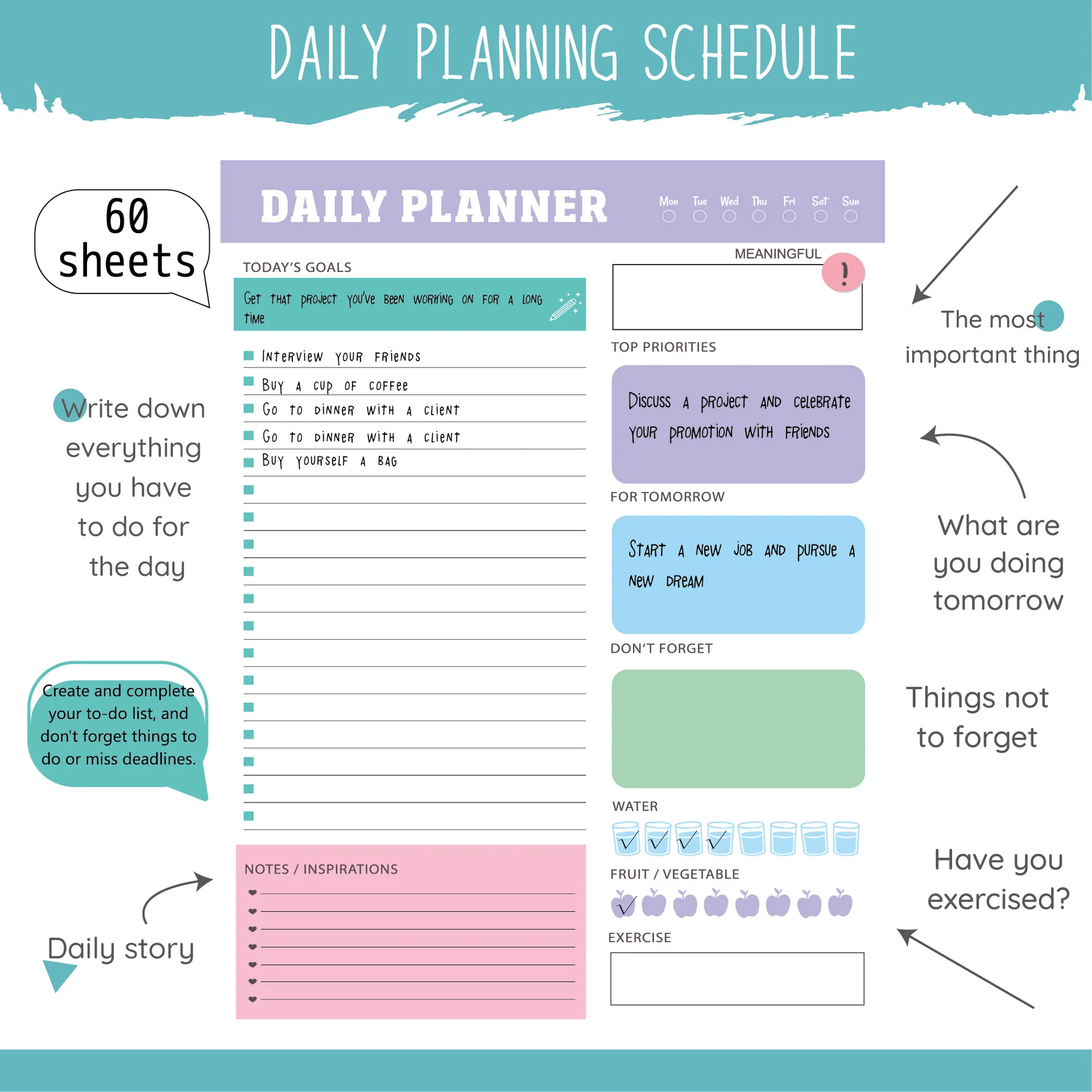 แผนการจัดการโน๊ตบุ๊ครายวัน/รายสัปดาห์/รายเดือนตารางวินัยในตนเอง Time Agenda Planner หน้าฉีกขาดได้