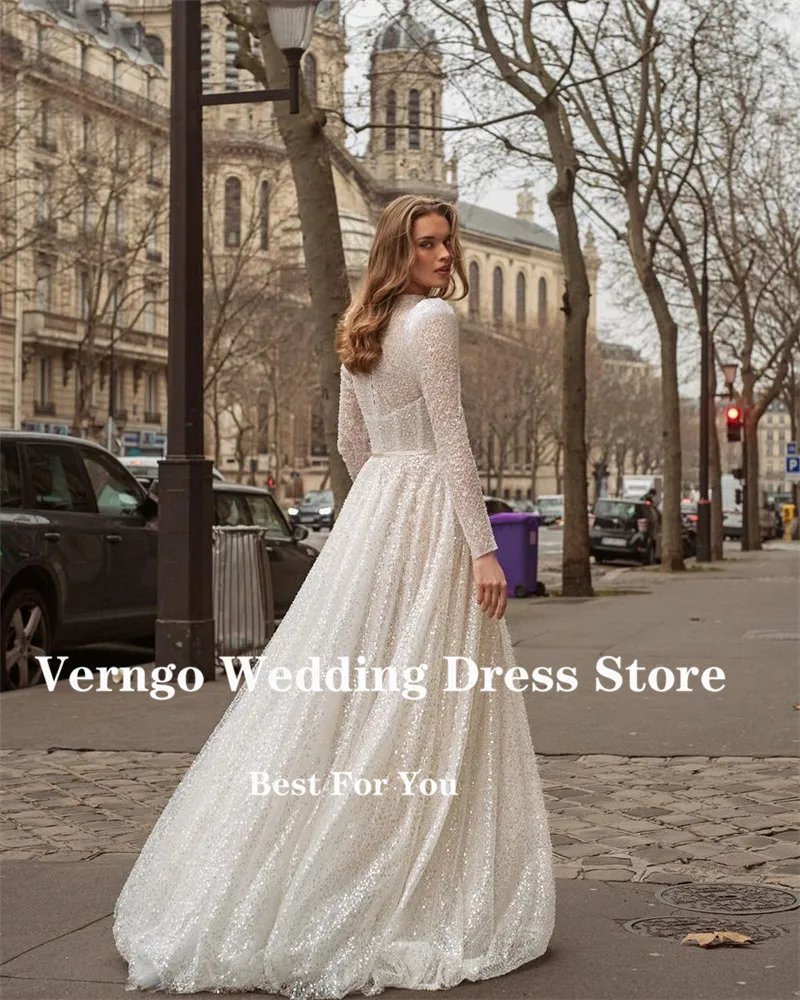 Verngo Sparkly Glitter A Line Long Sleeves Wedding Dresses High Neck Corset Floor Length Bridal Gowns Modern Vestido de noiva