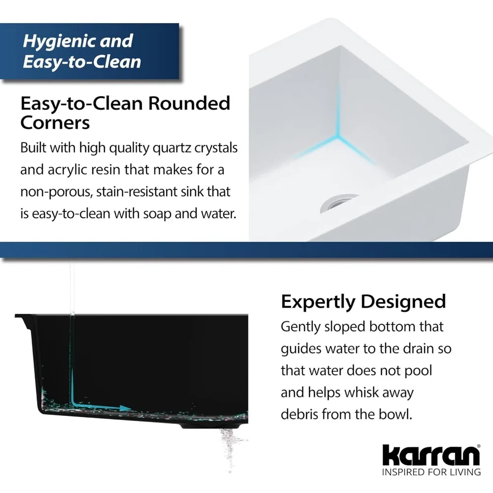 Karran QT-670 Évier de cuisine à cuvette simple composite de quartz de 33 pouces, blanc