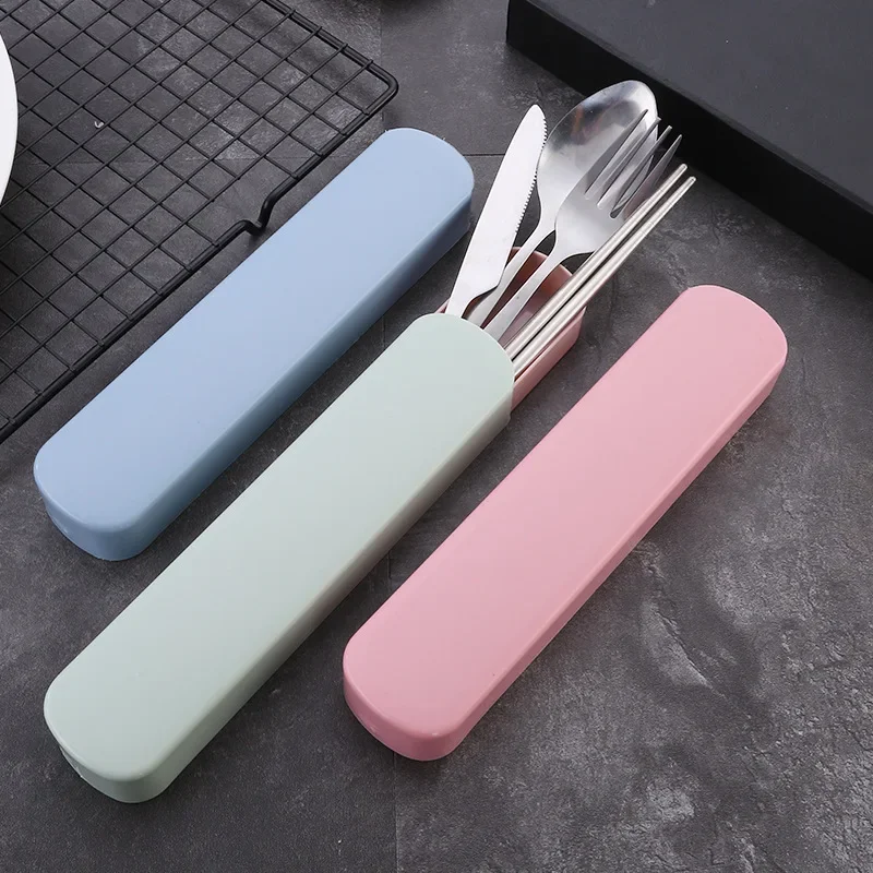 4pcs/Set Dinnerware Portable Printed Stainless Steel Spoon Fork Steak Knife Set Travel Cutlery Tableware with Bag