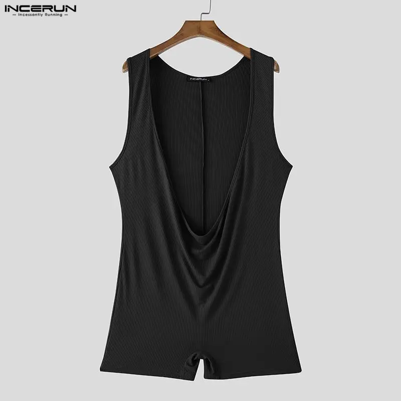 

INCERUN Men Bodysuits Solid Color Knitted Sleeveless Male Rompers Playsuits For Man 2026 Homewear Casual Bodysuit Men Clothes