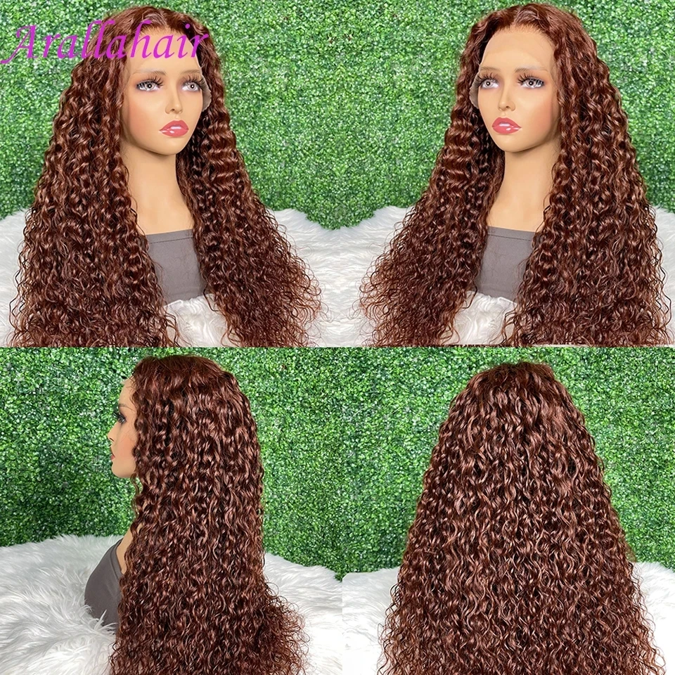 Reddish Brown Deep Wave Frontal Wig Human Hair Ginger/ Red  Highlight 13x4 HD Water Wave Lace Frontal Wig PrePlucked 180 Density