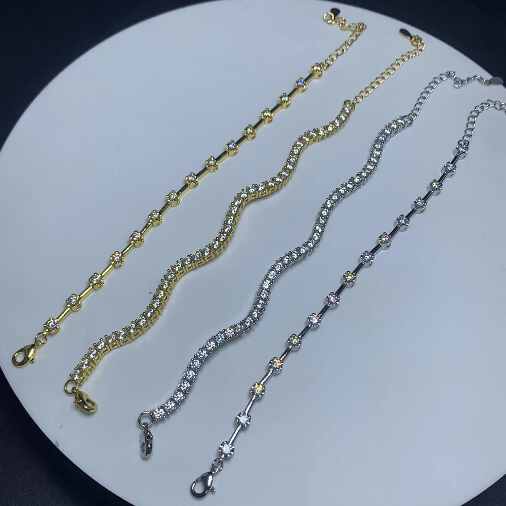 Micro Paved Prong Set Cubic Zirconia CZ Jewelry High Quality Fashion Women Geometric Wave Bar Charm Chain Bracelet