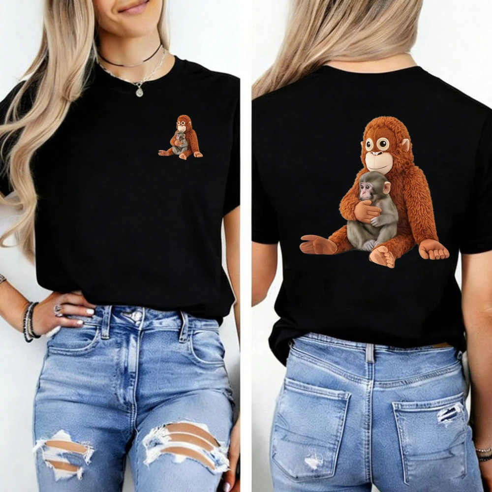 Cute Punch Monkey Cuddling Hug Cozy Heartwarming Graphic of Big Little Big Love Mother's Day Tees Casual Streetwear Tops T-Shirt