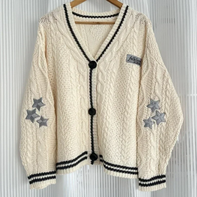 Limited Edition Folklore Cardigan Women Letter Patch Beige Knitted Cardigans with Star Embroidered Female Winter Autumn Sweaters