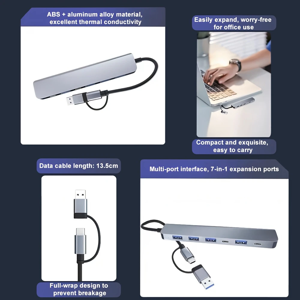 7-in-1 hub with multiple ports for seamless collaboration, compatible with mobile phones, tablets, computers, and other devices