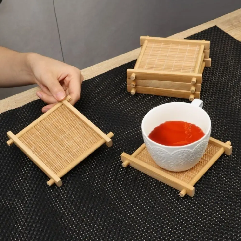 Square Bamboo Teacup Pad Retro Coffee Cup Mug Cup Tableware Heat Insulated Coasters Kitchen Restaurant Decorative Accessories