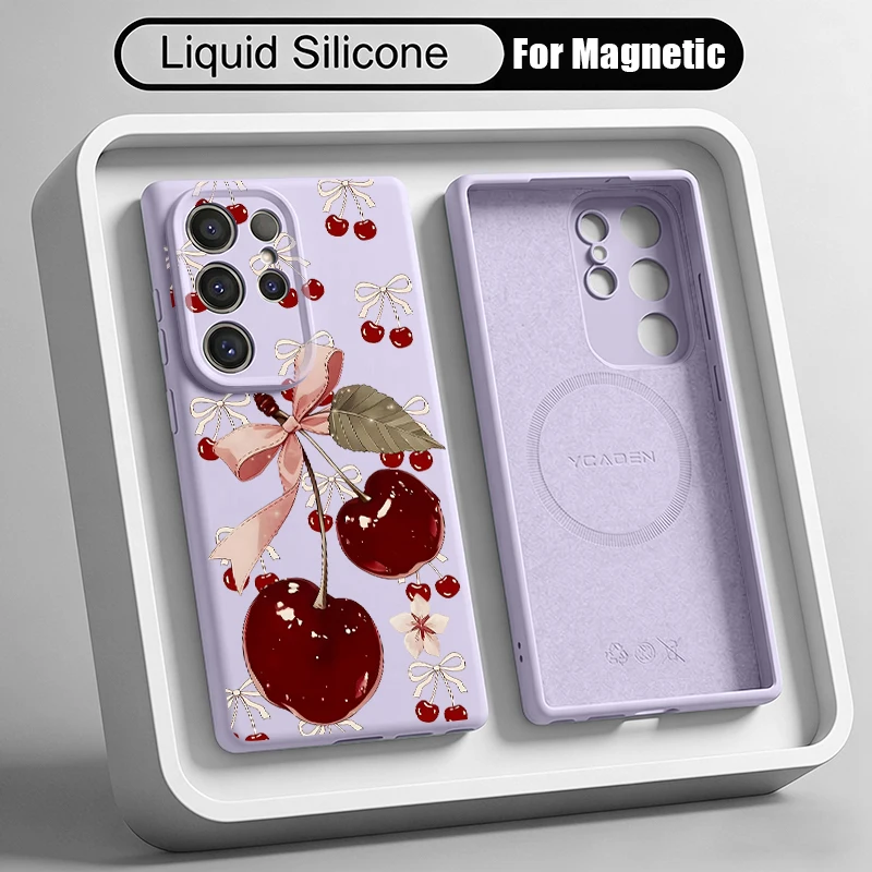 Cherry Pattern Liquid Silicone Phone Case For Samsung Galaxy S26 S25 S24 S23 S22 Ultra Plus Magnetic For Magsafe Soft Back Cover