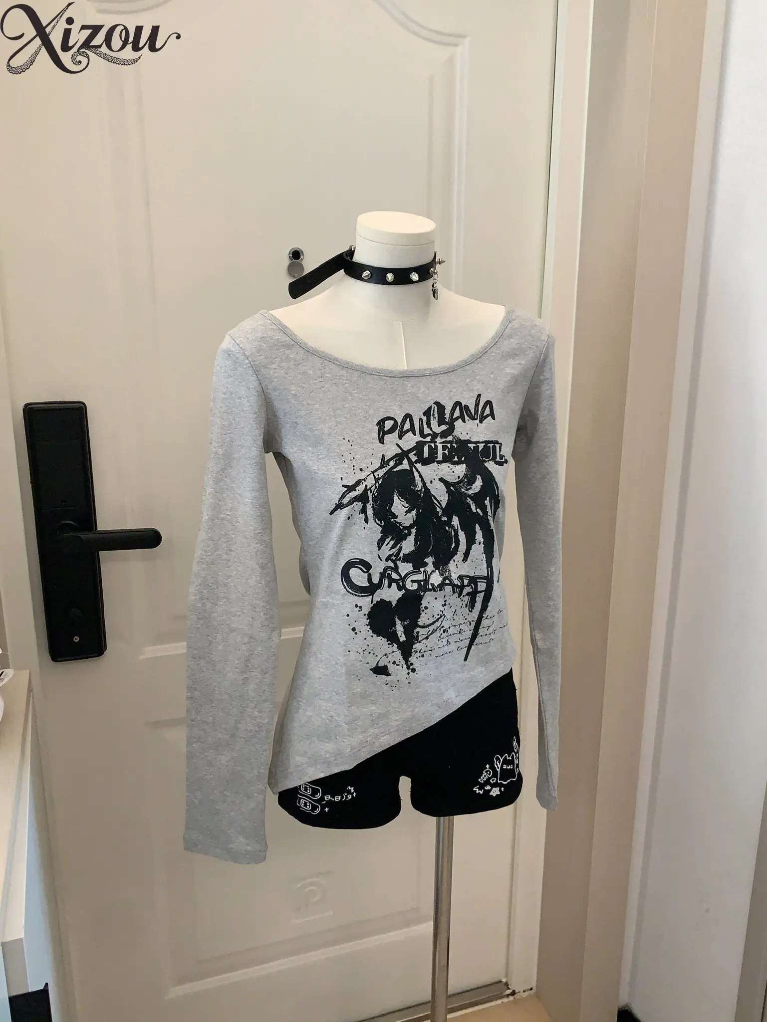 Women Dark Angel Grunge Print Slim Long Sleeve Top Irregular Hem Y2K Alt Kawaii Fall Basic Tee 2026 Spring Autumn Cool Sexy