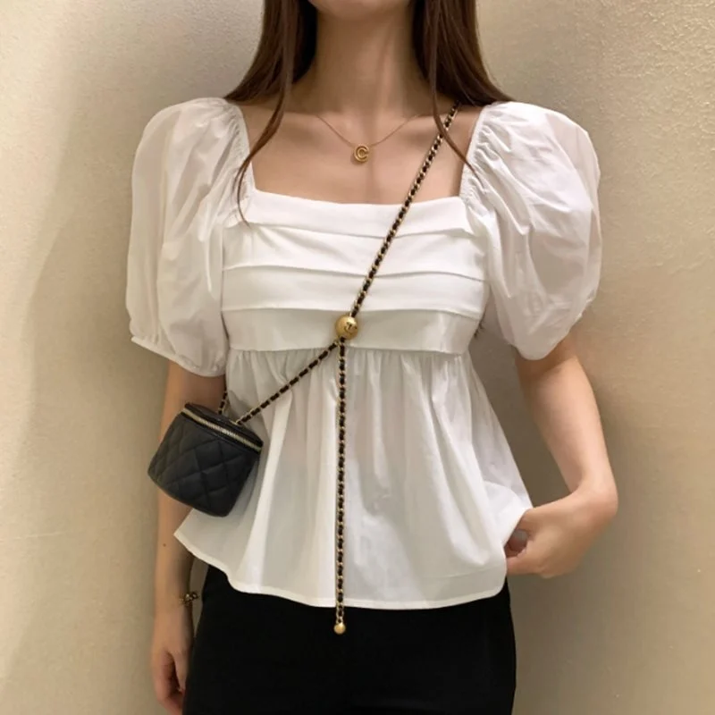 

Summer 2025 Women's Faionable oulder Bubbles ort Sve irt Korean Design Versatile Pure Color Commute Sle Square C...
