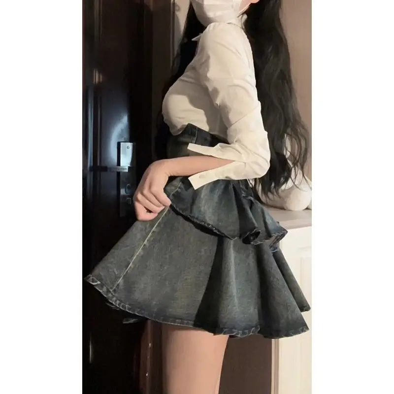 Sweet Fashion Suit Skirt Woman White Casual Shirt High Waist Slim Skirt Y2k Mini Dress Vintage Korean 2 Piece Set 2023 Autumn