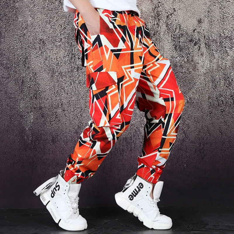 Colorful Abstract Pattern Printed Long Suit Loose Multi Pocket Pants Casual Tracksuit Nightclub Bar Male Singer Dance Stage Wear