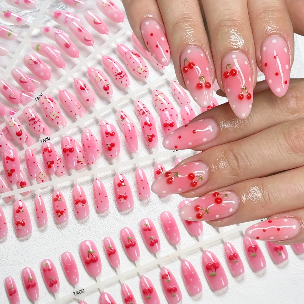 

150Pcs Medium Oval Pink Acrylic False Nails Cherry Strawberry Peach Summer Fruit Press On Nail Glossy Sweet Full Cover Fake Nail