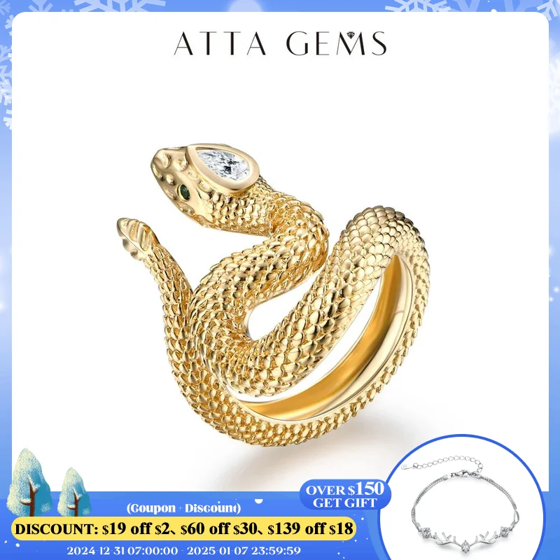 Attagems Luxury D Color Pear Cut Trendy Moissanite Ring for Women Real S925 Silver Yellow Gold Plated Snake Ring for Travel Gift