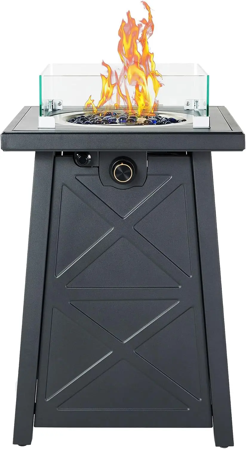 

19.5 Inch Steel Fire Table, 40,000 BTU Outdoor Gas Fire Pit, Pattern Patio Column Propane Fire Pit Fireplace w/Glass Rocks