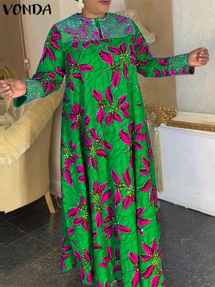 Plus Size 5XL Women Bohemian Printed Dress VONDA 2024 Vintage Long Sleeve Sundress Casual Loose Round Neck Ankle-Length Robe