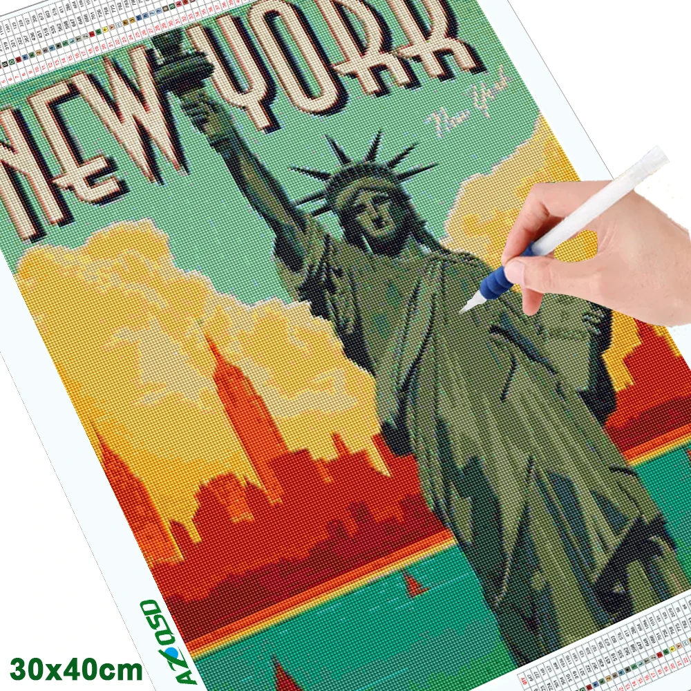 AZQSD Diamond Painting City Postcard Cross Stitch Needlework Full Square Round Drill Embroidery Landscape Street Home Decor