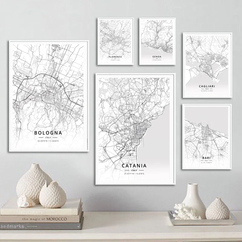 Poster Prints Bari Italy,Bologna,Catania,Florence Genoa Map Illustration Wall Art Canvas Painting Picture Living Room Home Decor