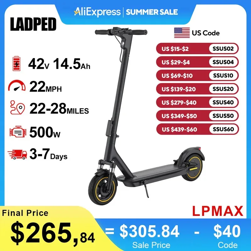 

LADPED LPMAX 10 "Сплошные шины Складной электрический самокат 22MPH 500W 14.5AH 28Miles Двойной амортизатор сверхдальнего действия EScooter