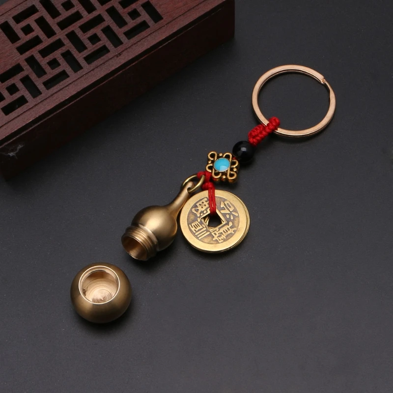 Exquisite Wu Lou Keyring Lucky Gourd Keychain with Feng Shui Coin Car for Key Ri