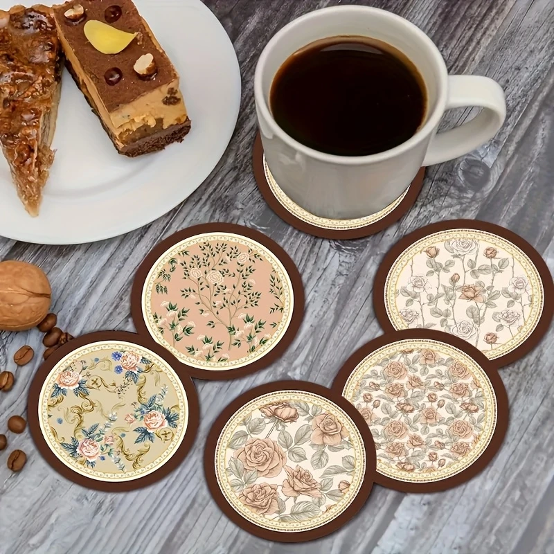 2D Flat 6pcs Spring Floral Coaster Flower Vine Pattern Heat-Resistant Coasters Durable Wooden Material For Family Dinners Party